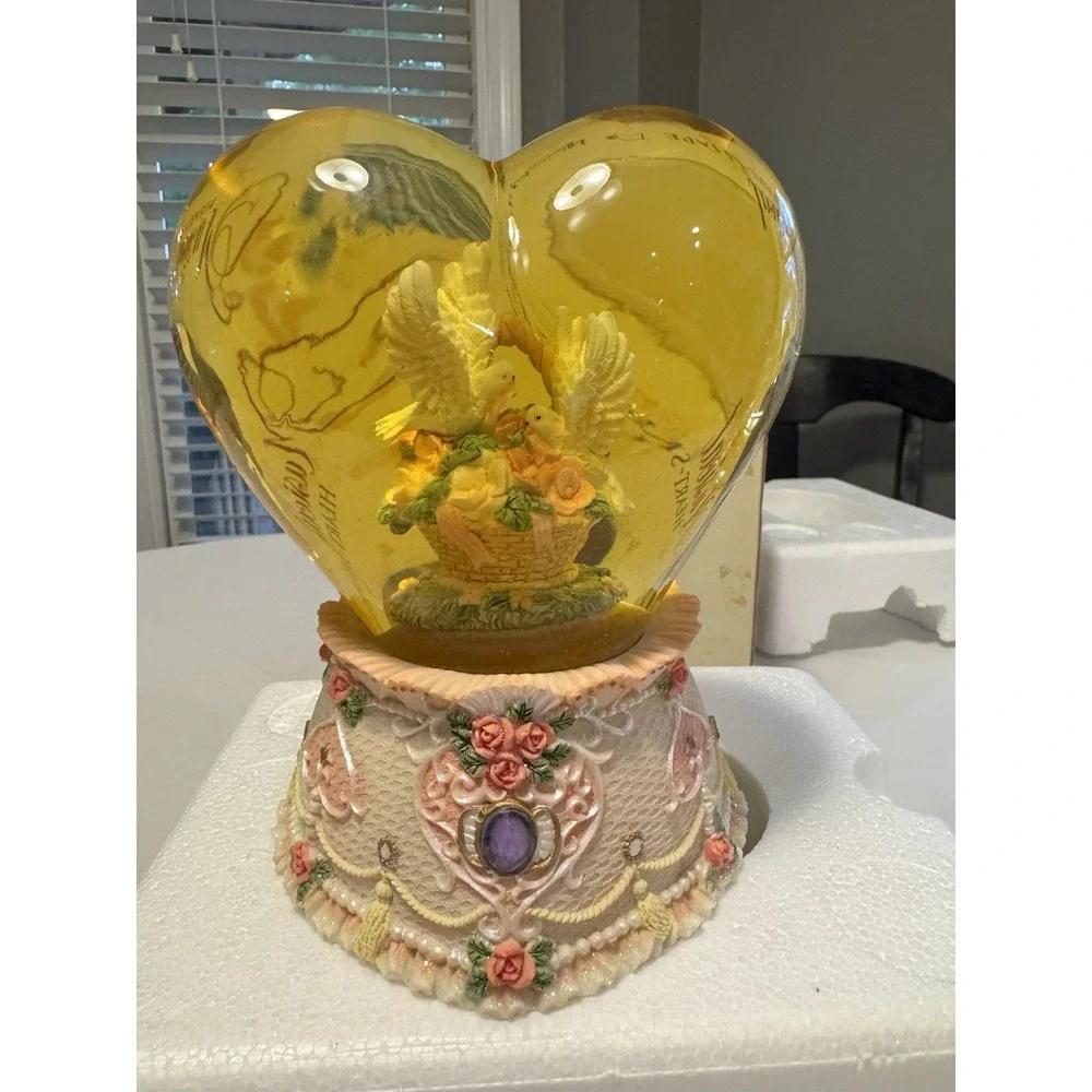 Classic Treasures Musical Water Snow Globe Heart Doves On Flower Basket Works!
